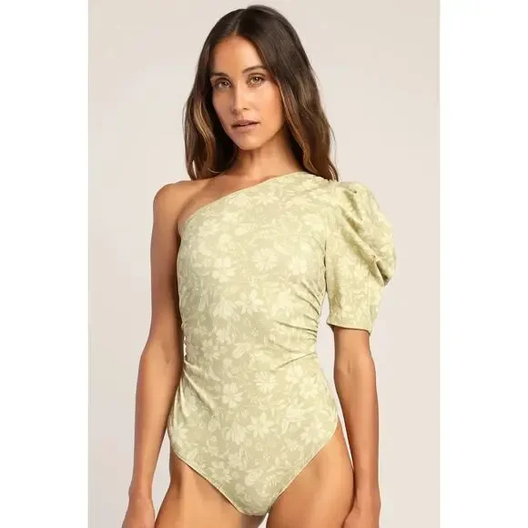 New Free People Somethin Bout You Floral One-Shoulder Bodysuit size M - Picture 2 of 10